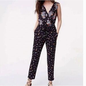 LOFT Lily Wrap Black sleeveless floral v-neck jumpsuit open back & pockets. L